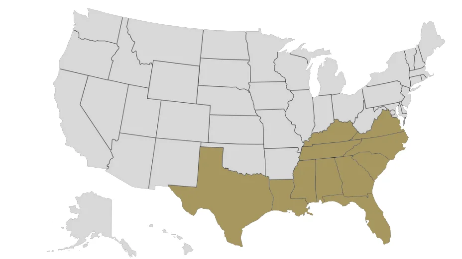 Map of the United States, showing those states where the Southern Association of Colleges and Schools Commission on Colleges accredits schools.
